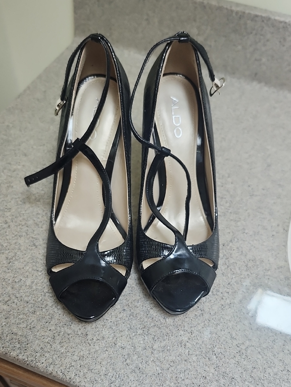 ALDO Black Strappy Peep-Toe Heels with Ankle Wrap